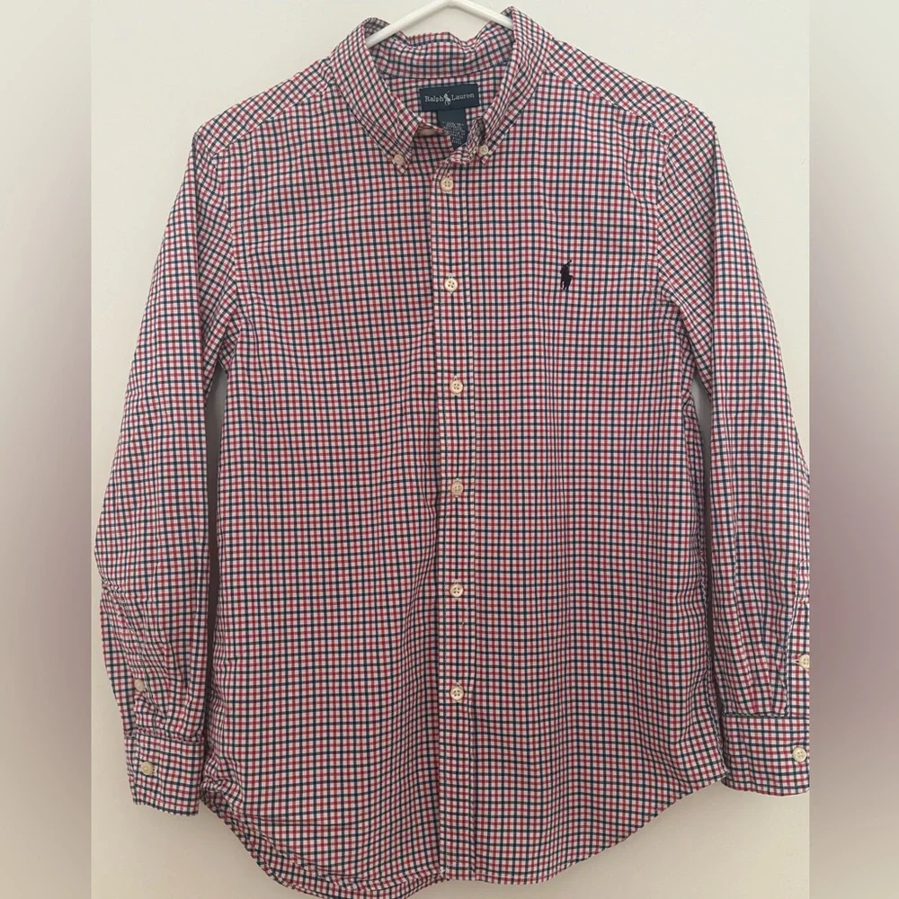 Ralph Lauren Boys 100% Cotton button down shirt Blue Red White Collegiate preppy
